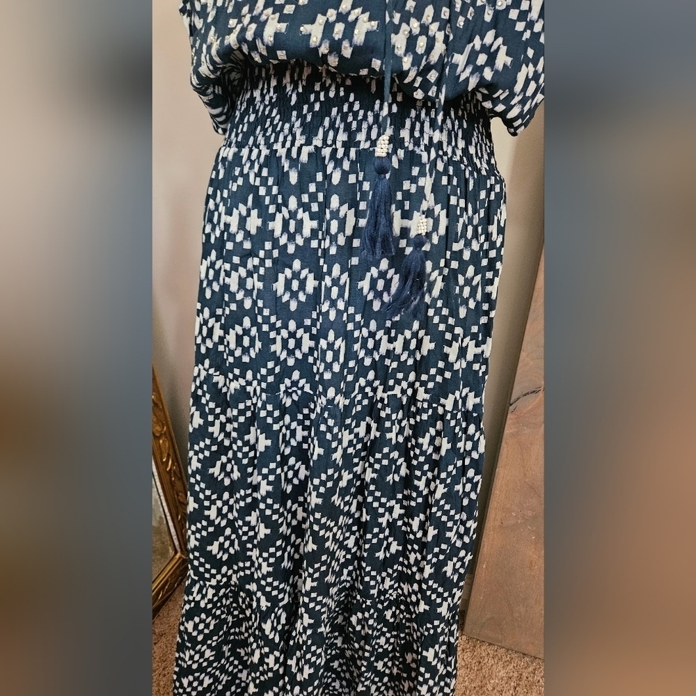 RubyYaya Beaded Boho Maxi Dress Blue White Geometric Print Size M - Picture 10 of 16